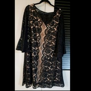 Black Lace over nude color slip Cocktail Dress/ bell sleeves. LANE BRYANT Sz 20.